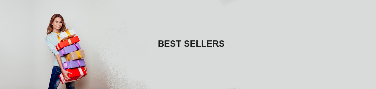 Colorful collection of best-selling gift boxes held by a smiling woman, highlighting popular products in the Best Sellers category for gift-giving and celebrations.