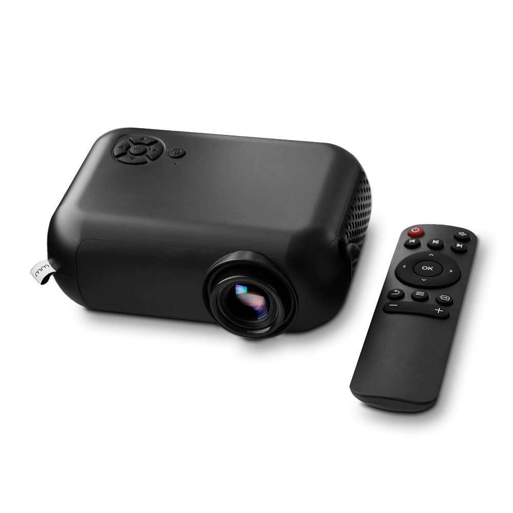 Black smart mini projector and remote control on a white background.