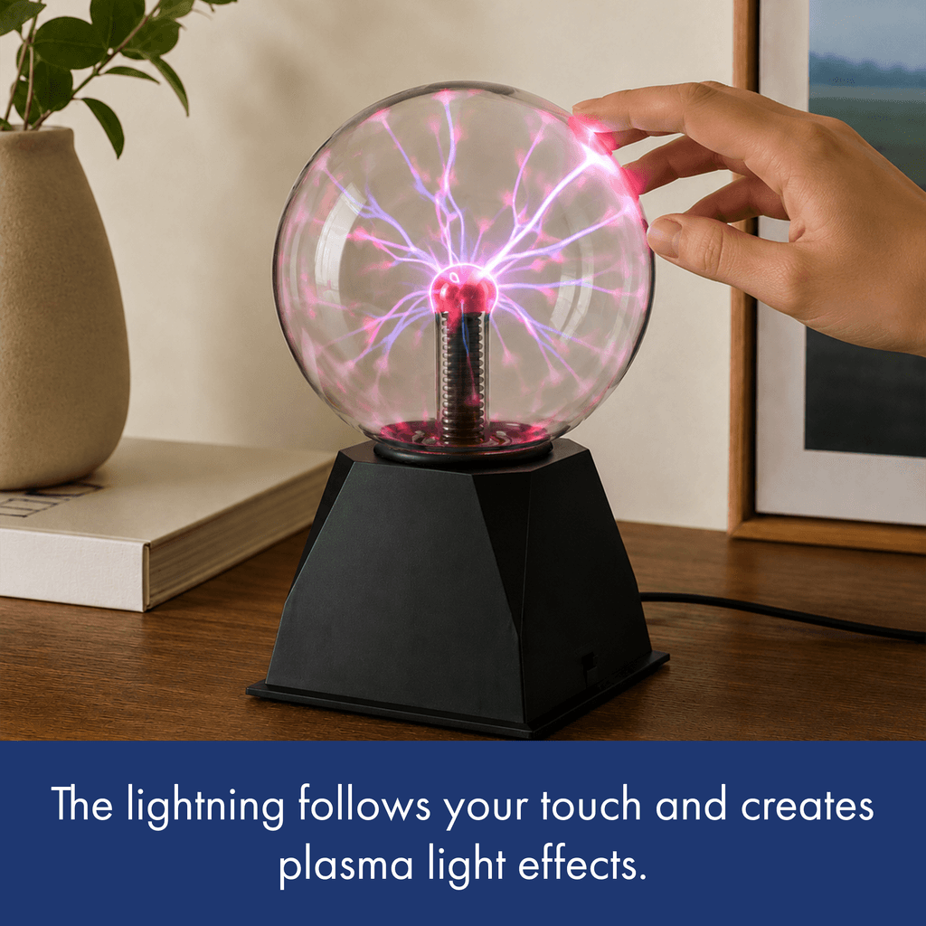 6-inch glass plasma ball with pink and purple touch-responsive arcs on a black desk base, USB-powered decor.