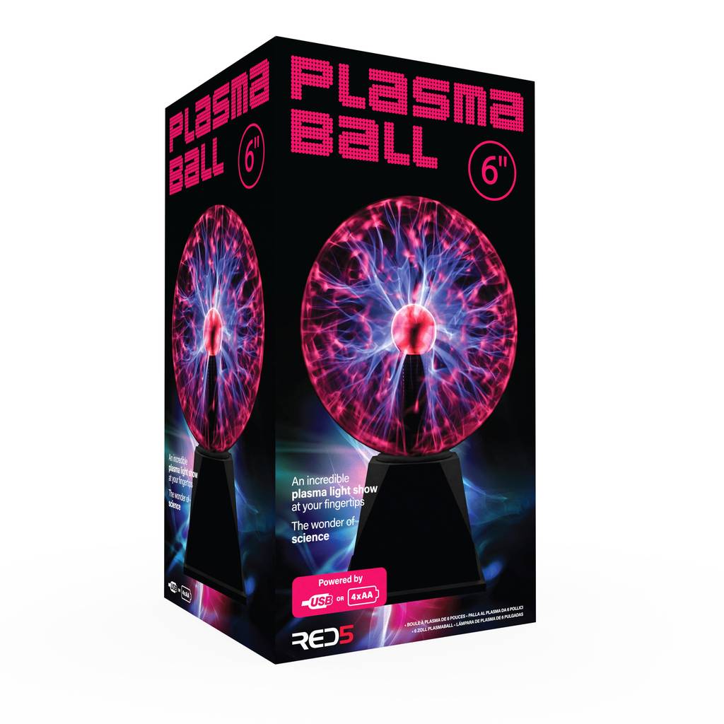 Boxed 6-inch plasma ball desk decor with vivid pink and blue electric arcs, USB-powered display lighting, on black packaging