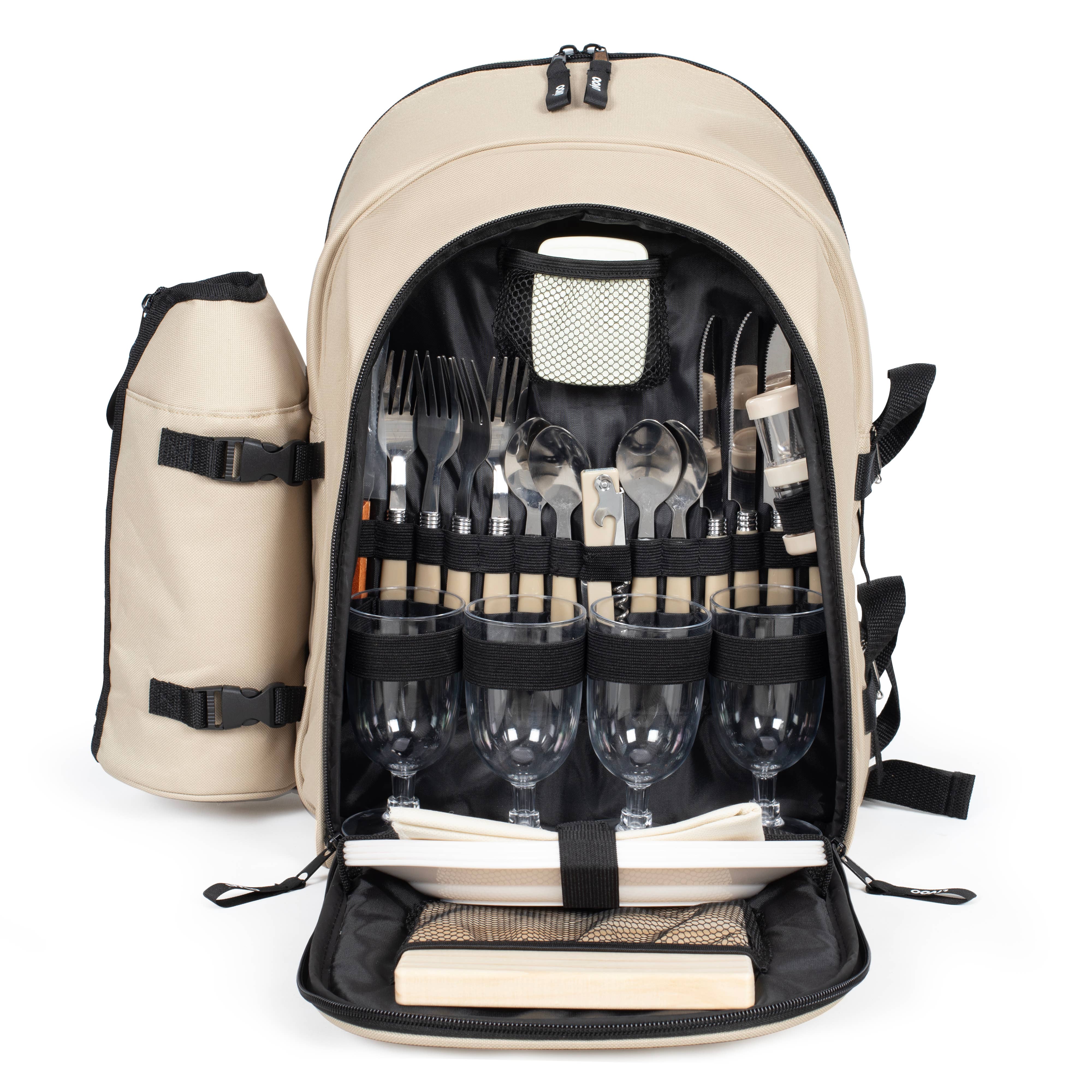 Beige backpack with picnic utensils and glasses etc