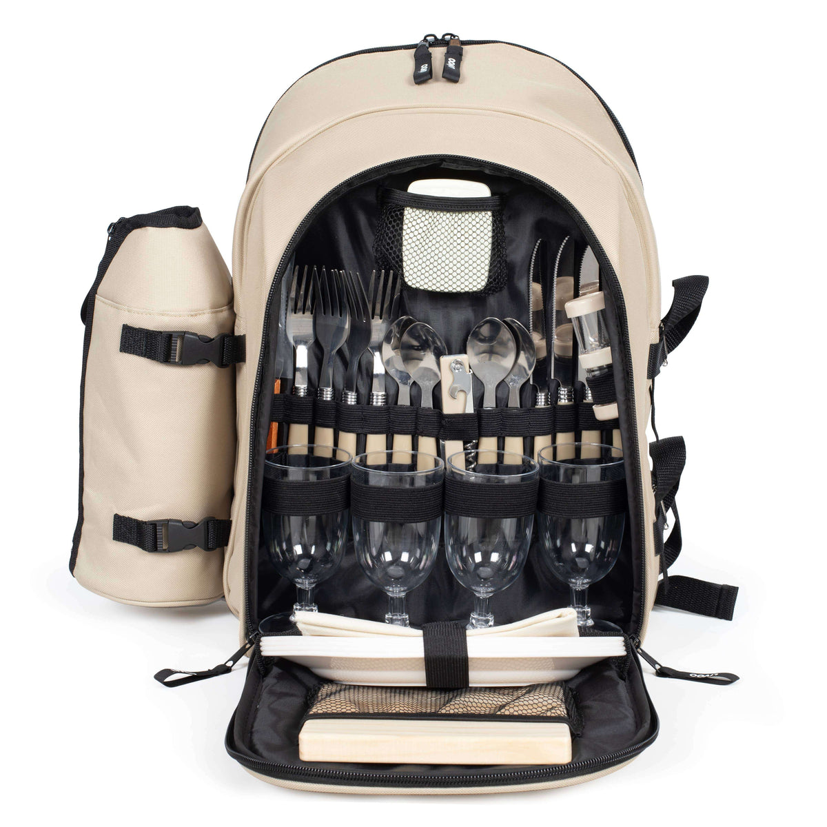 Beige backpack with picnic utensils and glasses etc