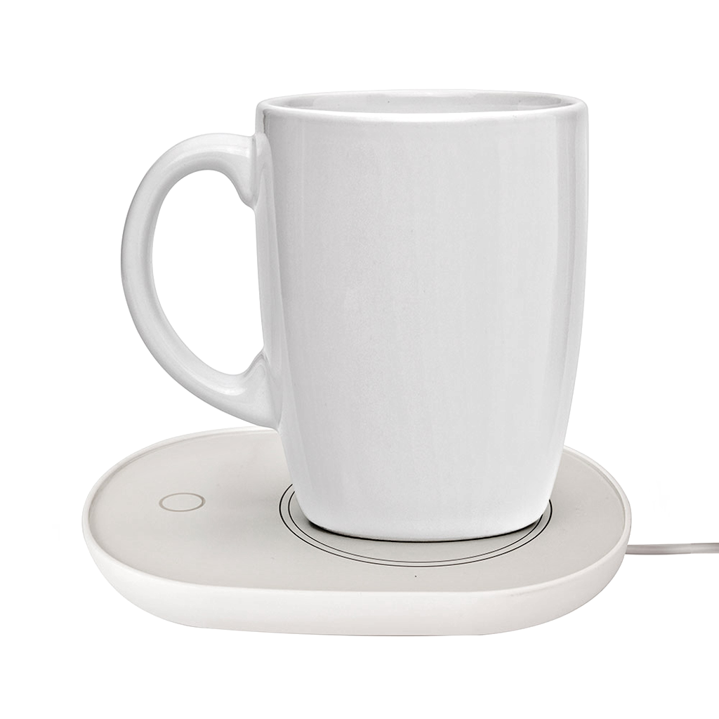 USB Cup Warmer with white ceramic mug on heating pad, ideal for keeping coffee or tea hot at your desk. Buy USB Cup Warmer | Keep Your Beverages Hot Online.