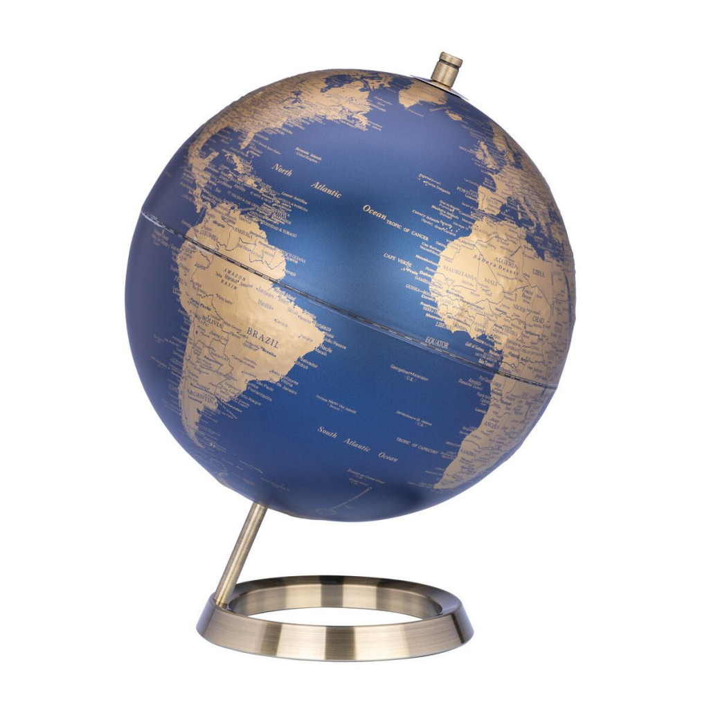 Troika World Globe 23.5° Tilt with metallic base and blue-gold design, ideal for home or office decor and educational use.
