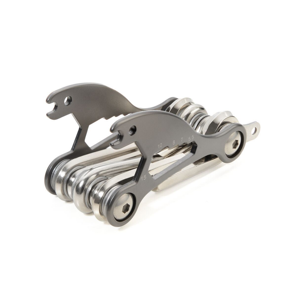 Troika Bike Multitool with 18 functions including hex keys, screwdrivers, and wrenches in a compact stainless steel design shaped like a bike.