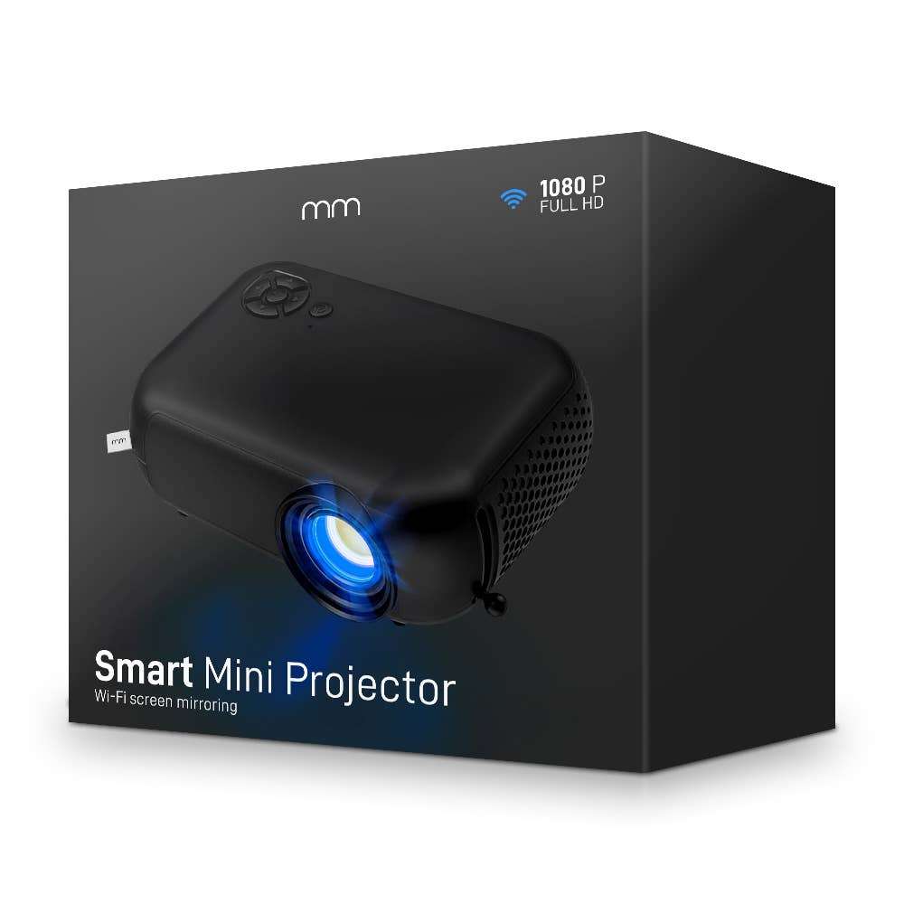 Smart Mini Projector packaging labelled with Wi-Fi screen mirroring and 1080P Full HD.