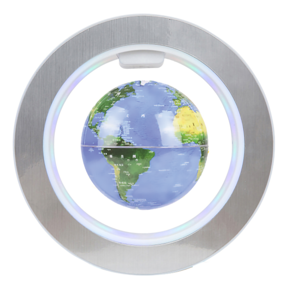 A silver-colored, round levitating globe with a 3D map of the Earth, illuminated from within.