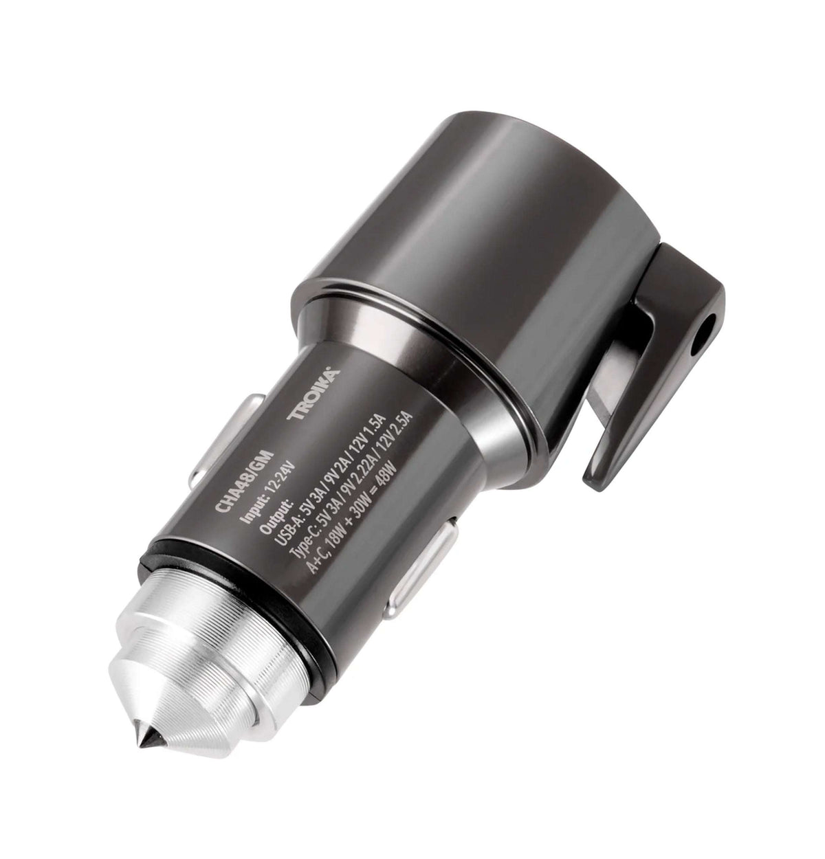 Car charger for cigarette lighter slot, fast charge and rescue tool for emergencies