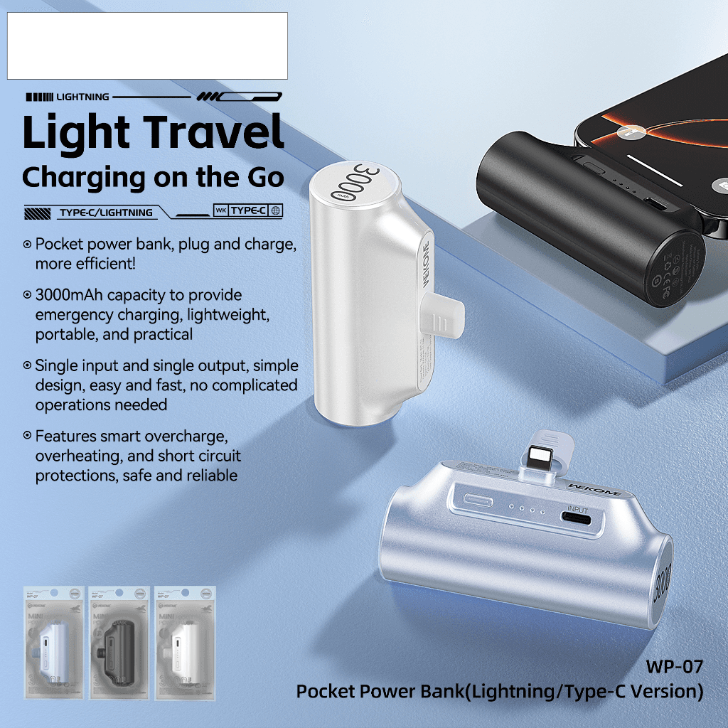 White pocket power bank with 3000mAh capacity, compact design, ideal for charging devices on the go, featuring Lightning and Type-C ports