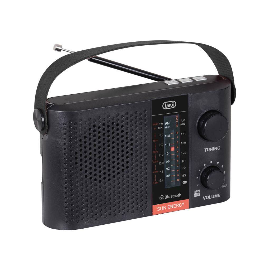 Black portable retro radio with tuning knob, volume control, built-in antenna, and a handle for easy carrying, featuring AM/FM bands and Bluetooth connectivity.