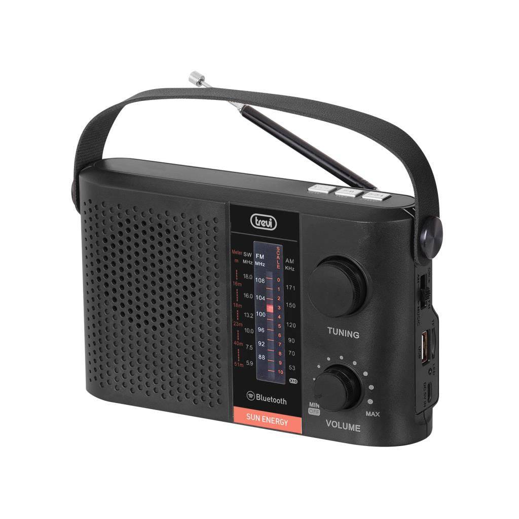 Black portable radio with tuning dial, volume control, USB port, SD card slot, and adjustable strap, designed for AM/FM radio listening and Bluetooth streaming