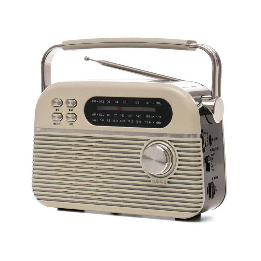 Retro beige portable radio with silver tuning knob, AM/FM frequency display, built-in antenna, and side USB and micro SD ports for MP3 playback