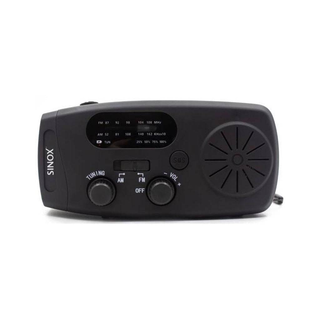 Black wind-up emergency radio with tuning knobs, FM/AM bands, volume control, and built-in speaker for portable use