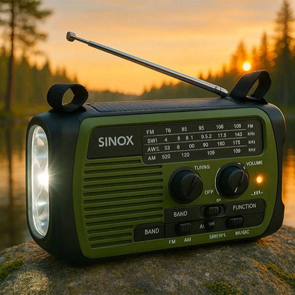 SINOX portable emergency radio with green and black body, FM/AM/SW bands, tuning and volume knobs, LED flashlight on side, outdoor sunset background