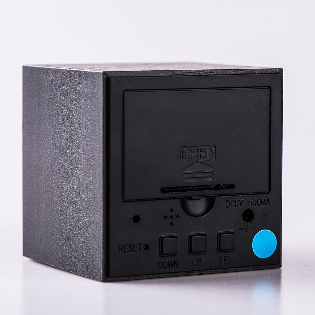 Back view of eco-friendly Wood Cubee Alarm Clock with control buttons and USB power input. Ideal for modern bedrooms and sustainable living.
