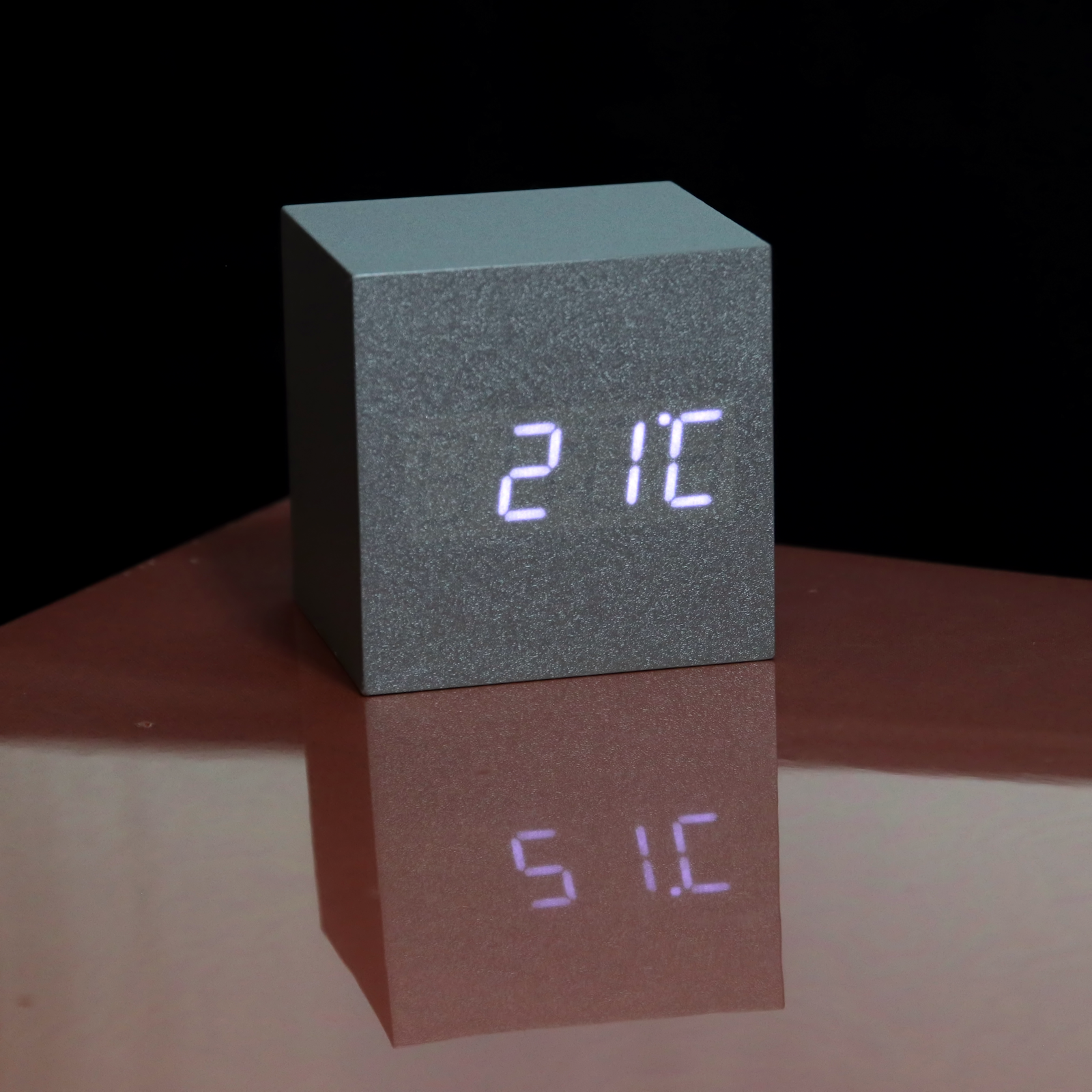 Cubee Wood clock in Silver wood finish with digital time in white. Sound activated time for bed time lighting. cool photo