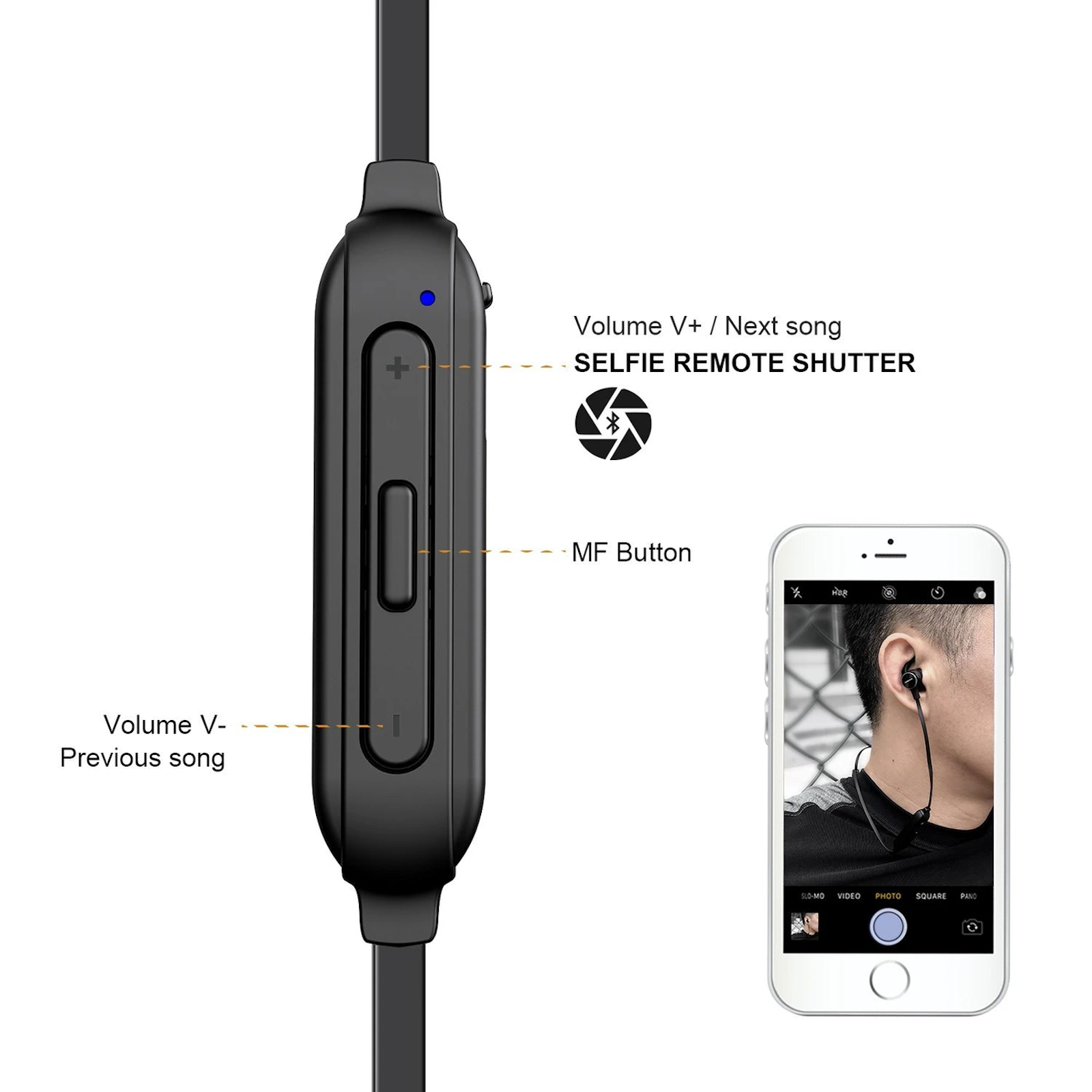 Jabees Mag Bluetooth Stereo Earphones Bluetooth V5.0 Class II Featuring the magnetic switch system that you only need to separate two earbuds to turn on and clasp them together to turn off. Comes as the Bluetooth Remote Shutter for selfie.