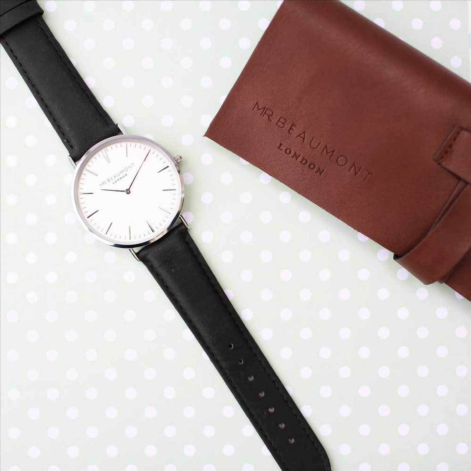 Personalised Mr Beaumont black watch Band Material: Genuine Nappa Leather Includes trademark Mr Beaumont pouch & gift box