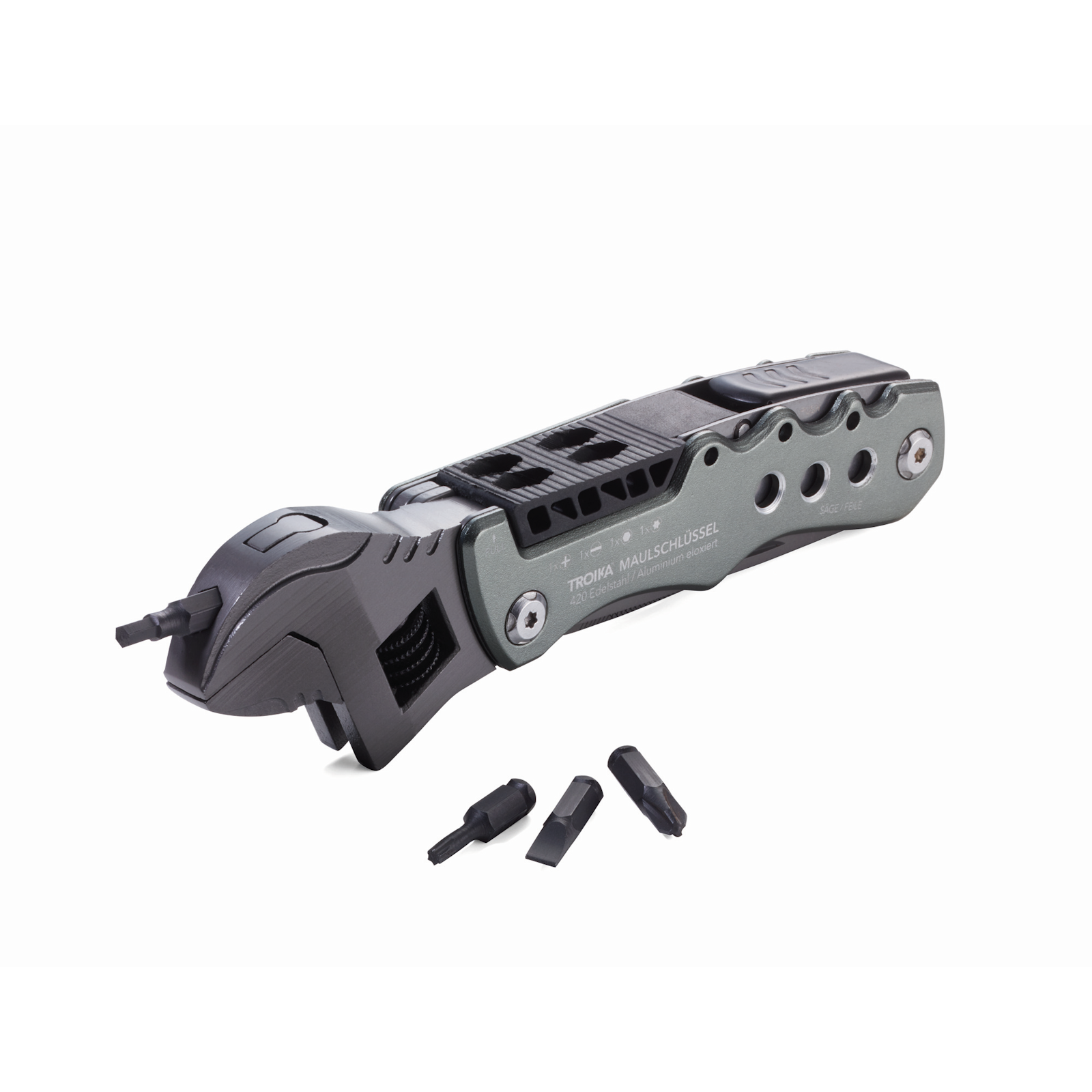 Buy Troika Wrench Multi-Tool online, a compact 12-in-1 everyday carry tool with wrench, screwdriver bits, and knife in durable 420 stainless steel.