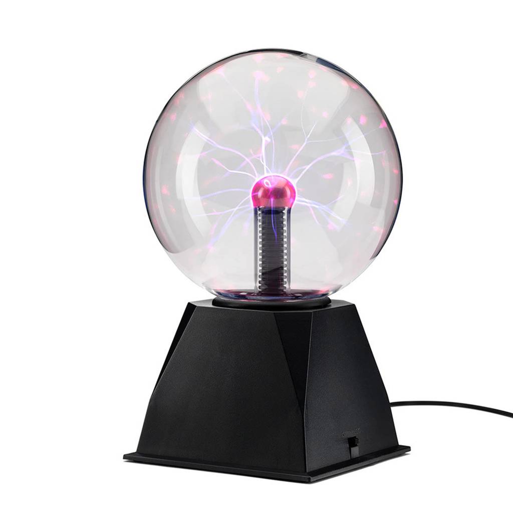 6-inch plasma ball with pink and violet electric arcs in a clear glass globe on a black USB-powered desk base