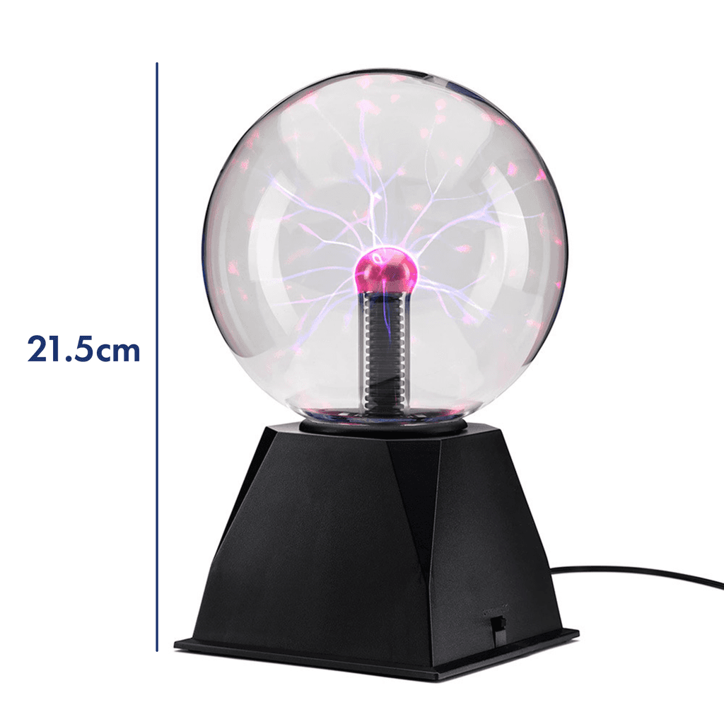 6-inch plasma ball with glowing pink and purple arcs in a clear glass sphere, black USB-powered base, 21.5 cm tall