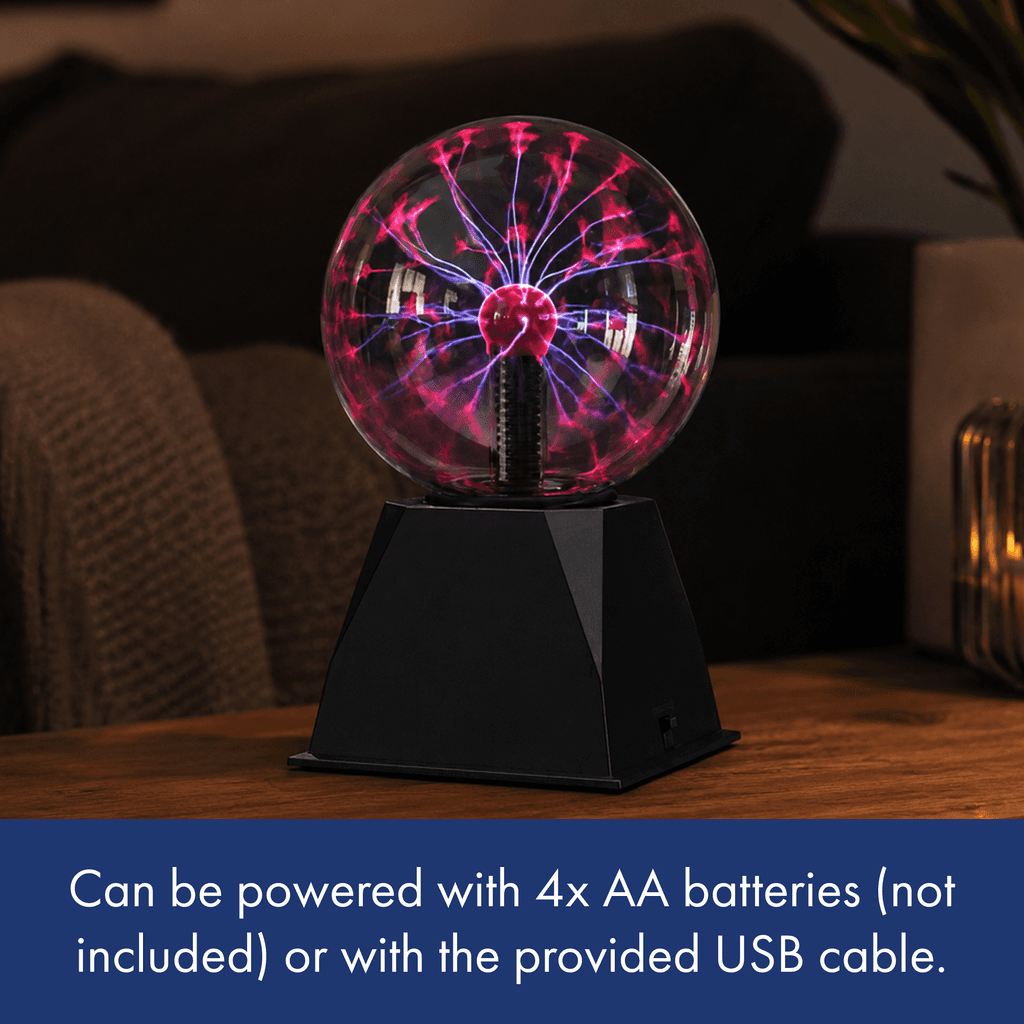 6-inch plasma ball with vivid pink and blue electric arcs, clear glass globe, black base, and USB power for desk decor.