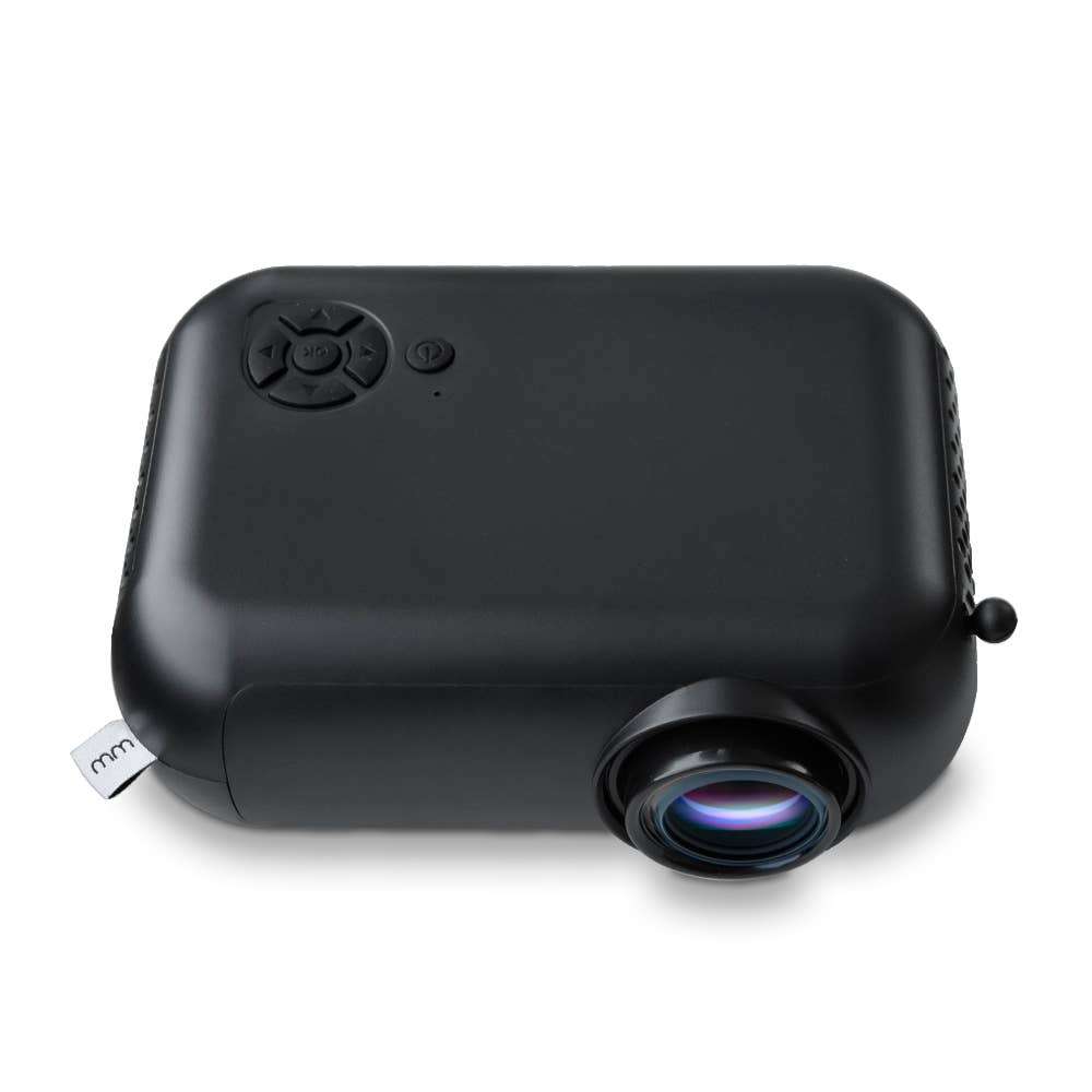 Top and front view of a black mini projector showing its lens and built-in control buttons.