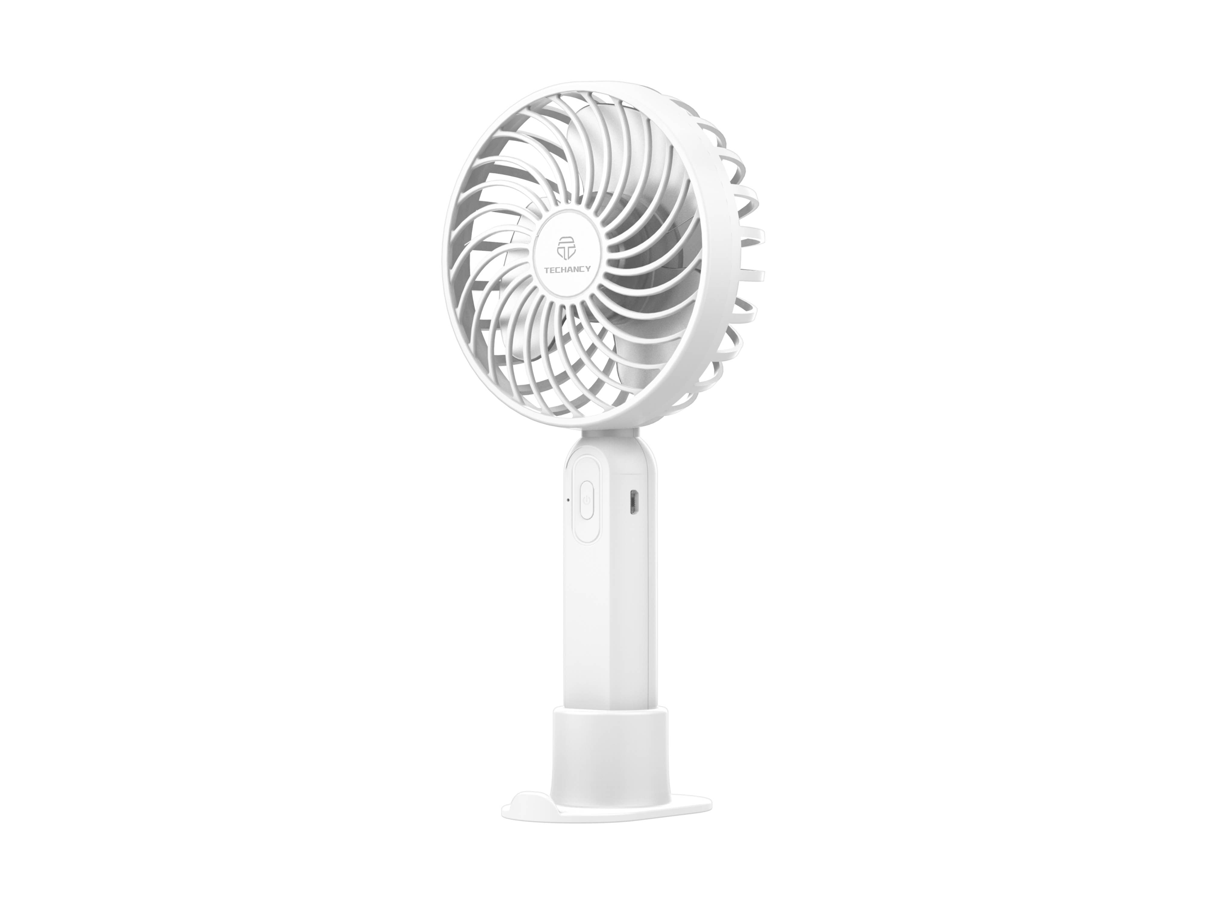 A compact white portable desk fan with a circular head and adjustable stand, shown against a plain white background.