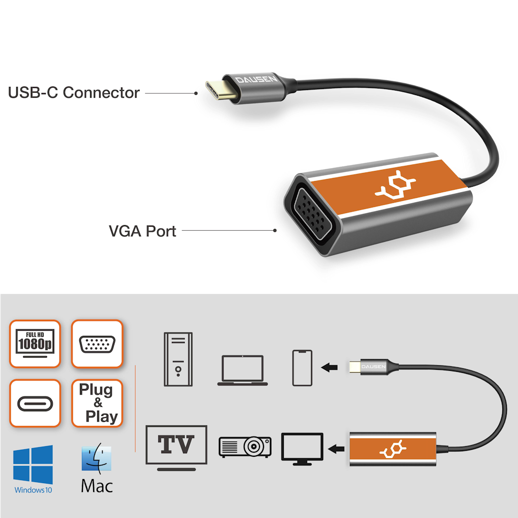 The USB-C to VGA Adapter 1080P from Dausen allows you to mirror/extend video image from your USB-C enabled devices to your VGA monitors/displays and you’ll be all set for your presentation or other uses. Just plug and play, a way to simplify your work.