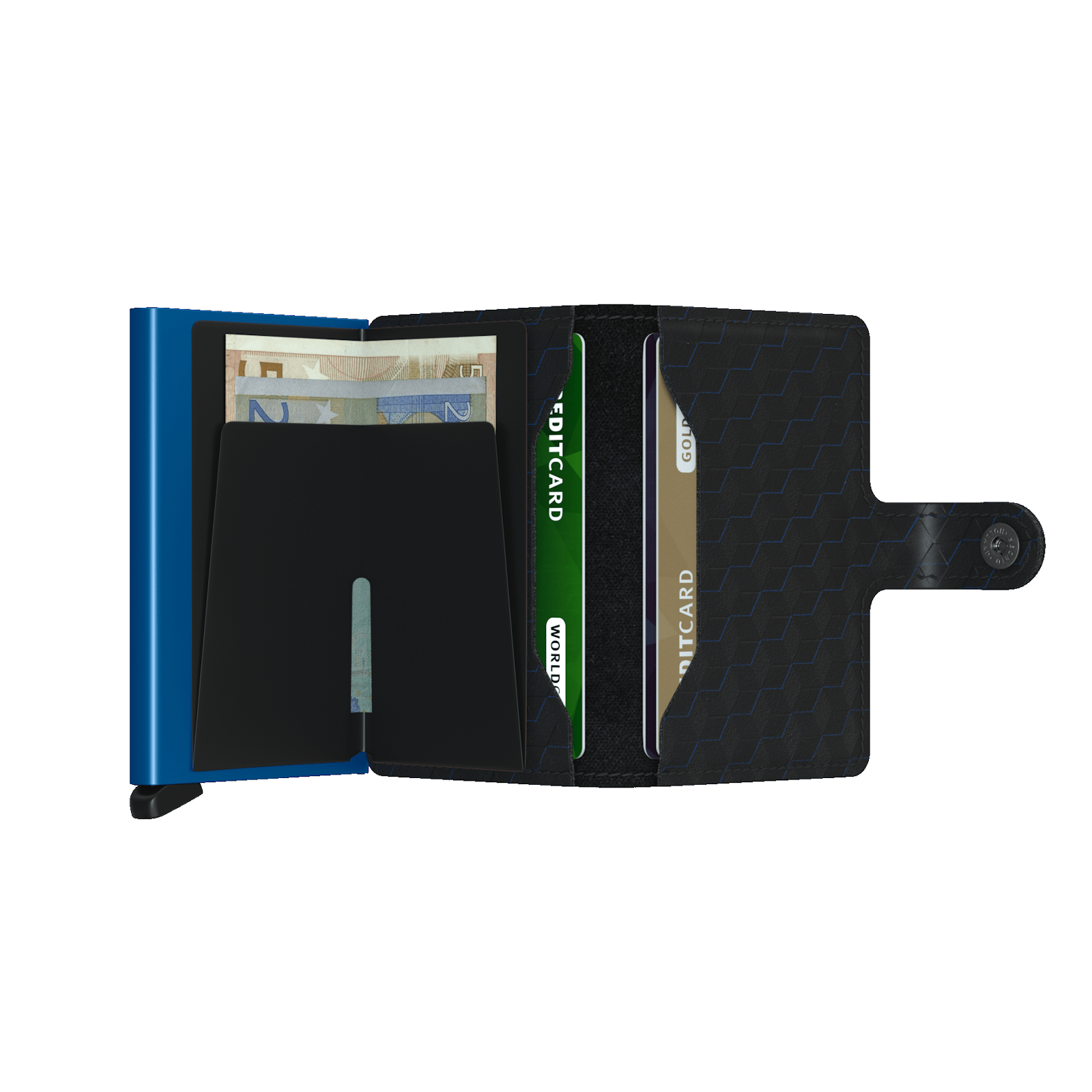 The new Secrid Miniwallet Optical Black has a great design, a hexagon pattern consisting of three separate layers of rich finishing reveal a blue highlight in this leather and a corrected-grain leather, made in Germany from European cowhide. It protects your credit cards from bending, breaking or being scanned.