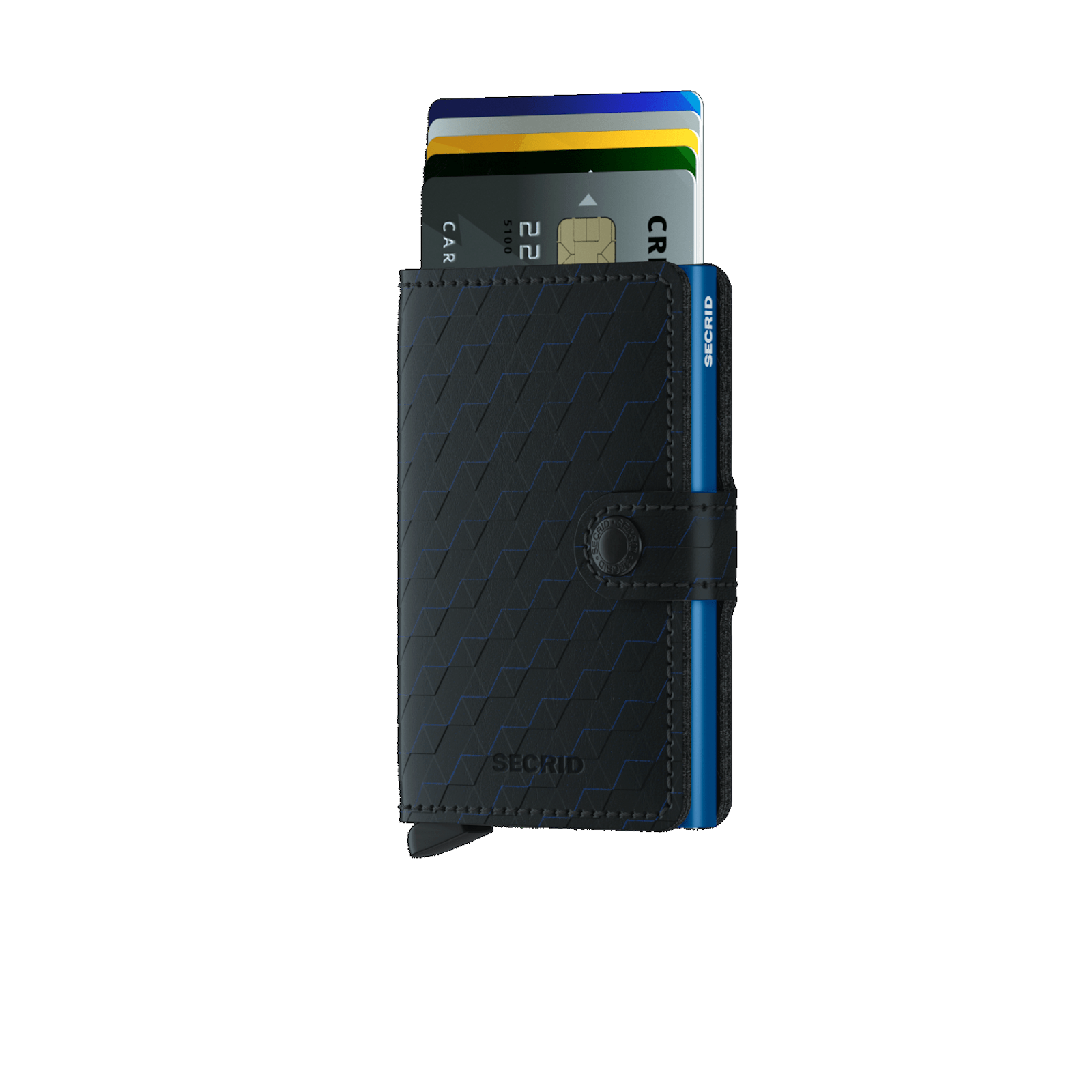 The new Secrid Miniwallet Optical Black has a great design, a hexagon pattern consisting of three separate layers of rich finishing reveal a blue highlight in this leather and a corrected-grain leather, made in Germany from European cowhide. It protects your credit cards from bending, breaking or being scanned.